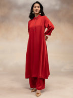 Women Red Modal Kurta Set with Bead Embellishment