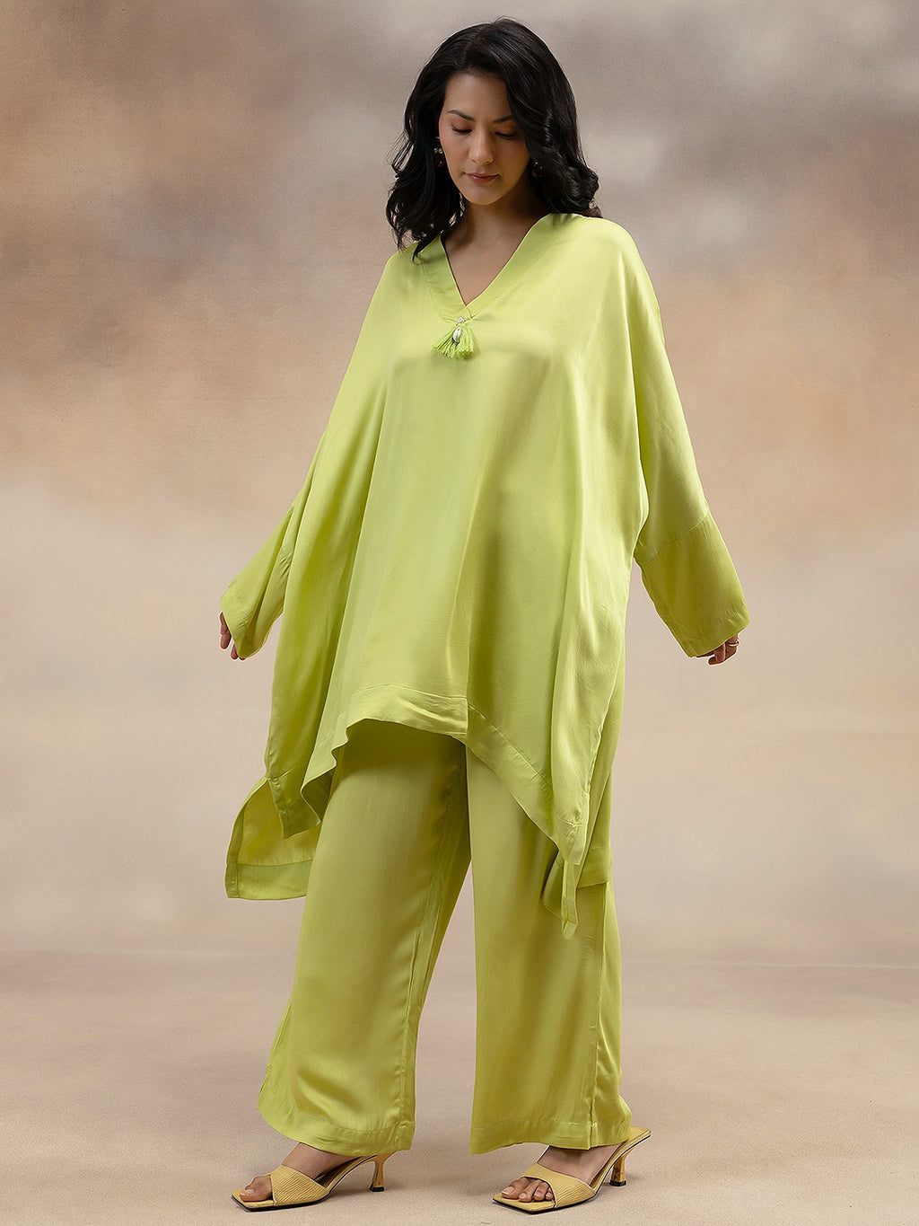 Women Lime Green Kaftan-Style Kurta & Palazzos Co-ord Set