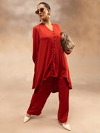 Women Red Modal Asymmetric Hem Kurta Set