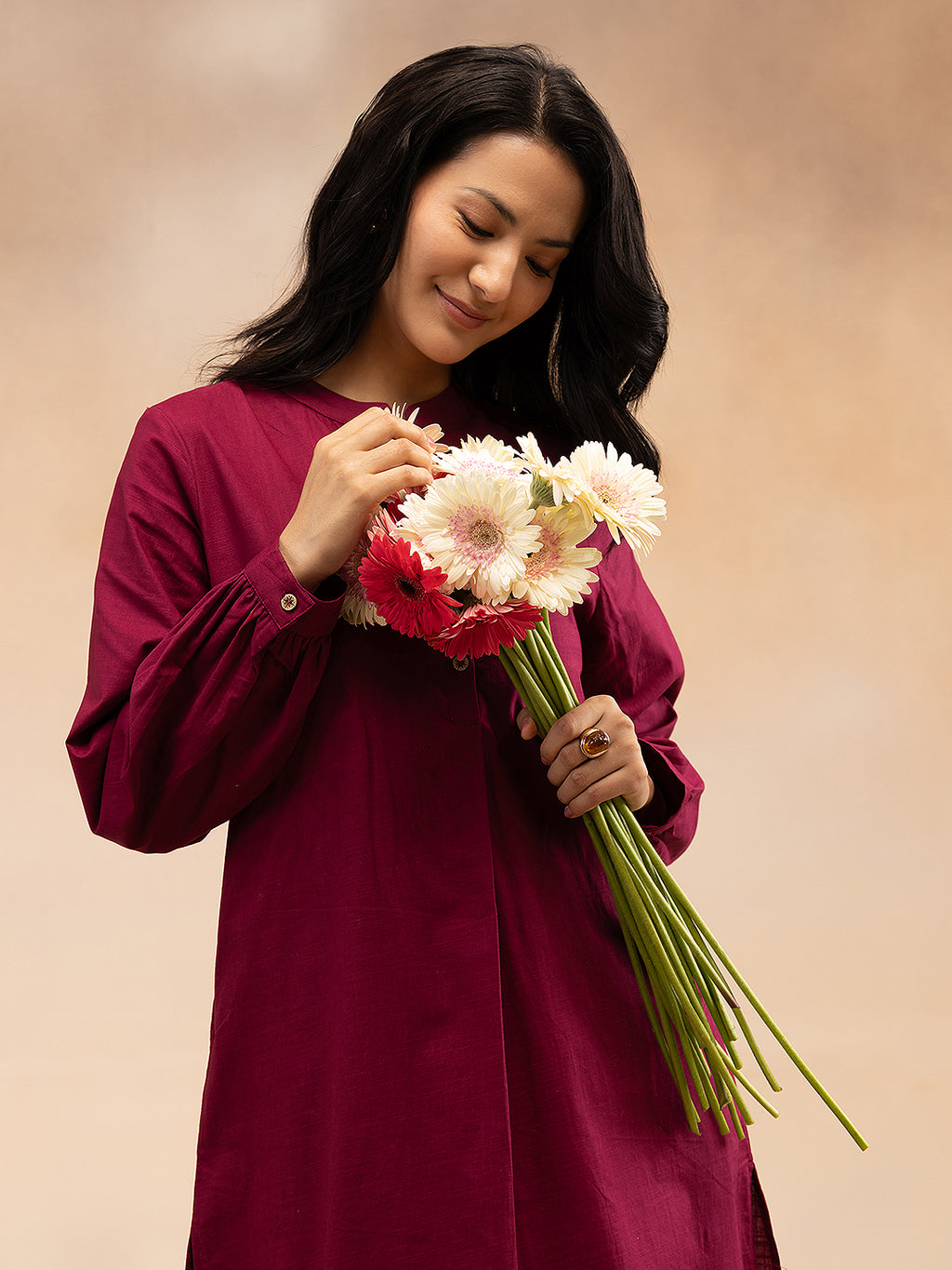 Women Magenta Cotton Slub Pleated Kurta
