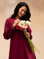 Women Magenta Cotton Slub Pleated Kurta