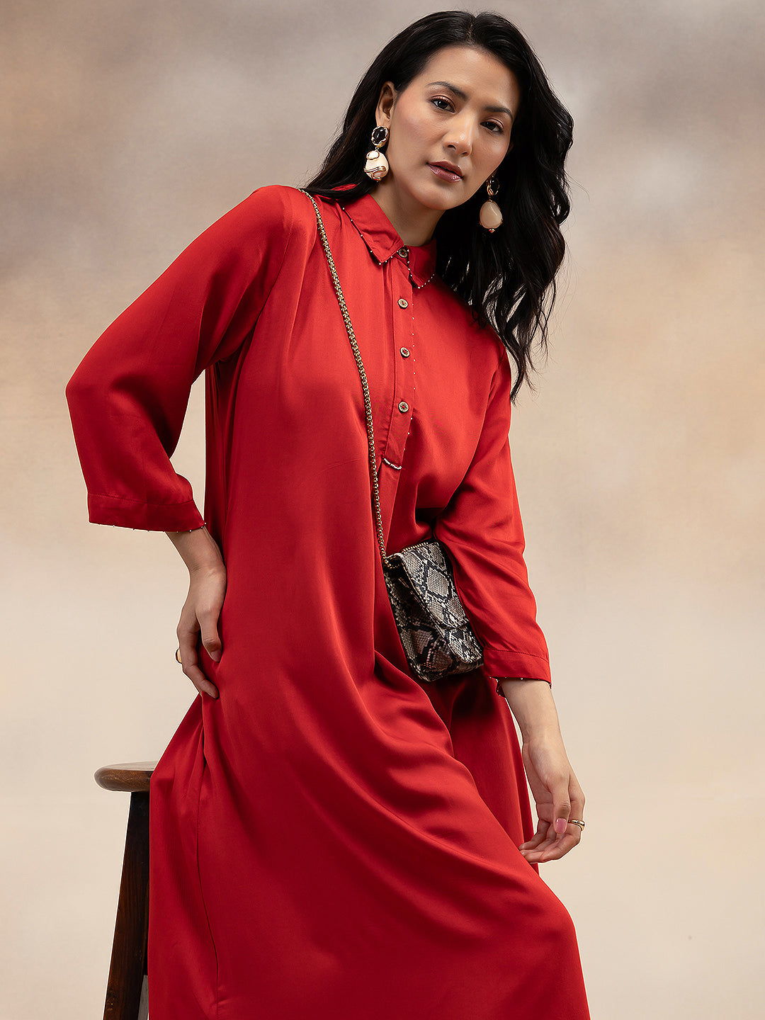 Women Red Modal Kurta with Bead Embellishment