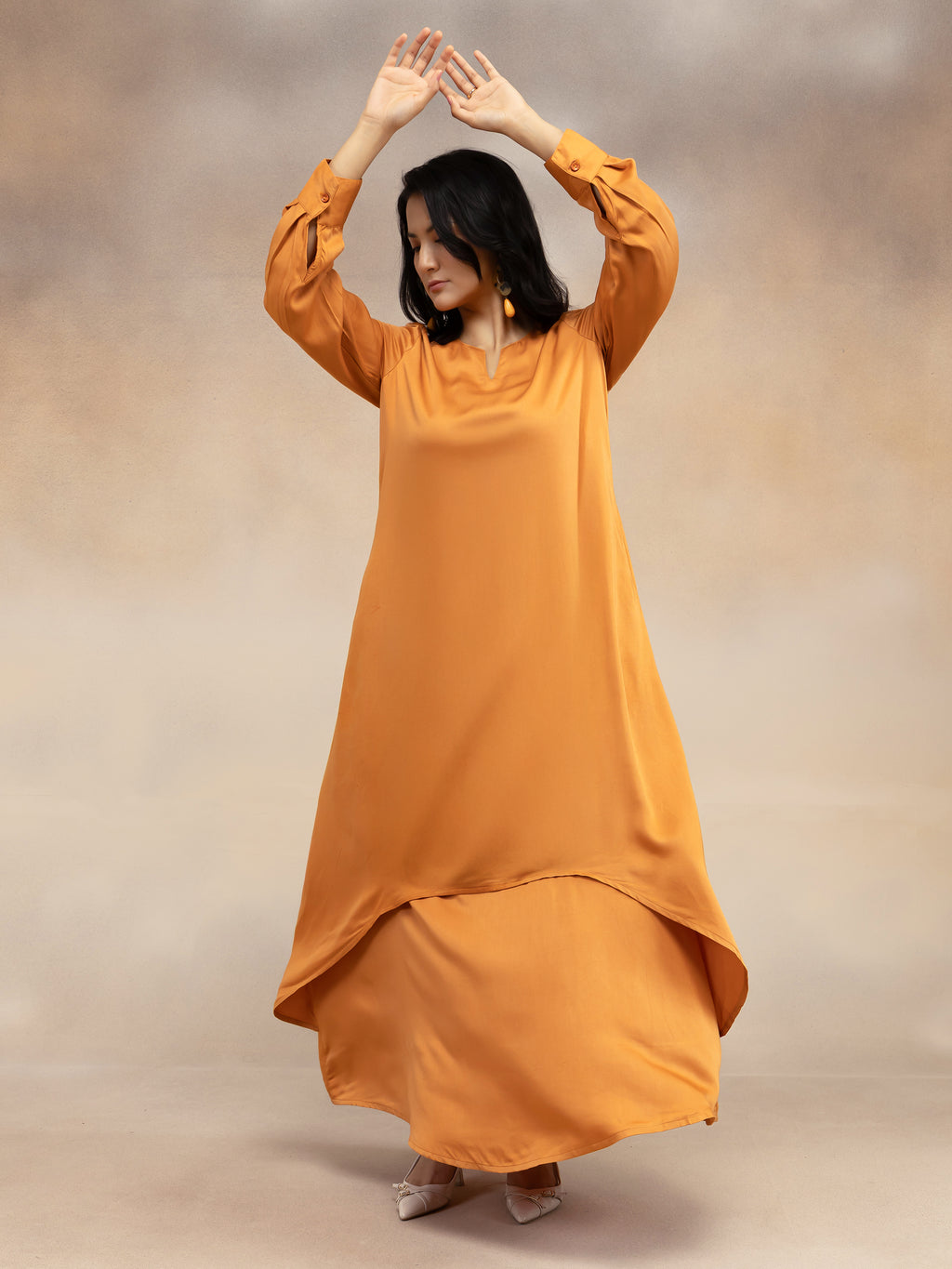 Women Rust Solid Modal Layered Maxi Dress