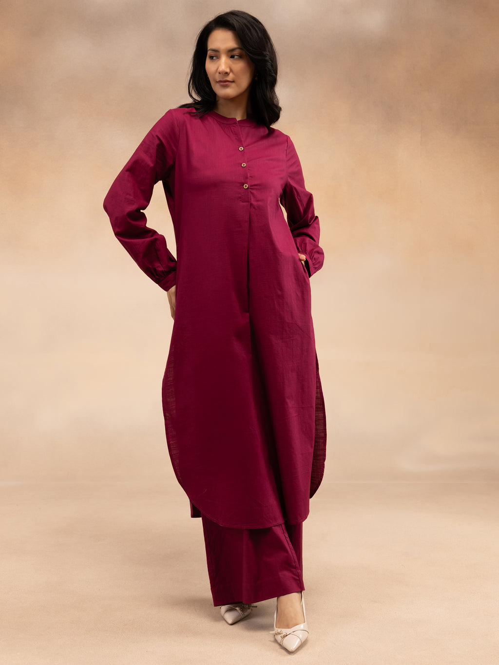 Women Magenta Cotton Slub Pleated Kurta Set with Wide-Leg Palazzo Pants