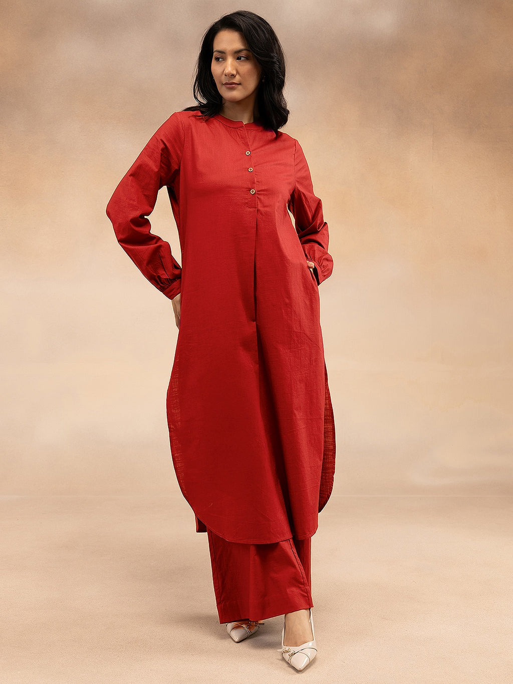 Women Red Cotton Slub Pleated Kurta Set with Wide-Leg Palazzo Pants
