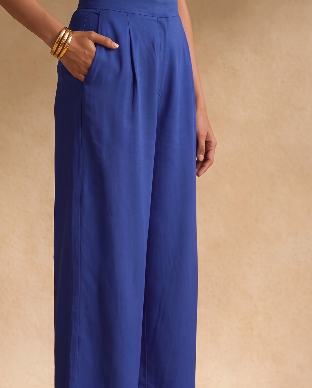 Women Royal Blue Cotton Solid V-Neck Asymmetric Kurta Pant Dupatta Set