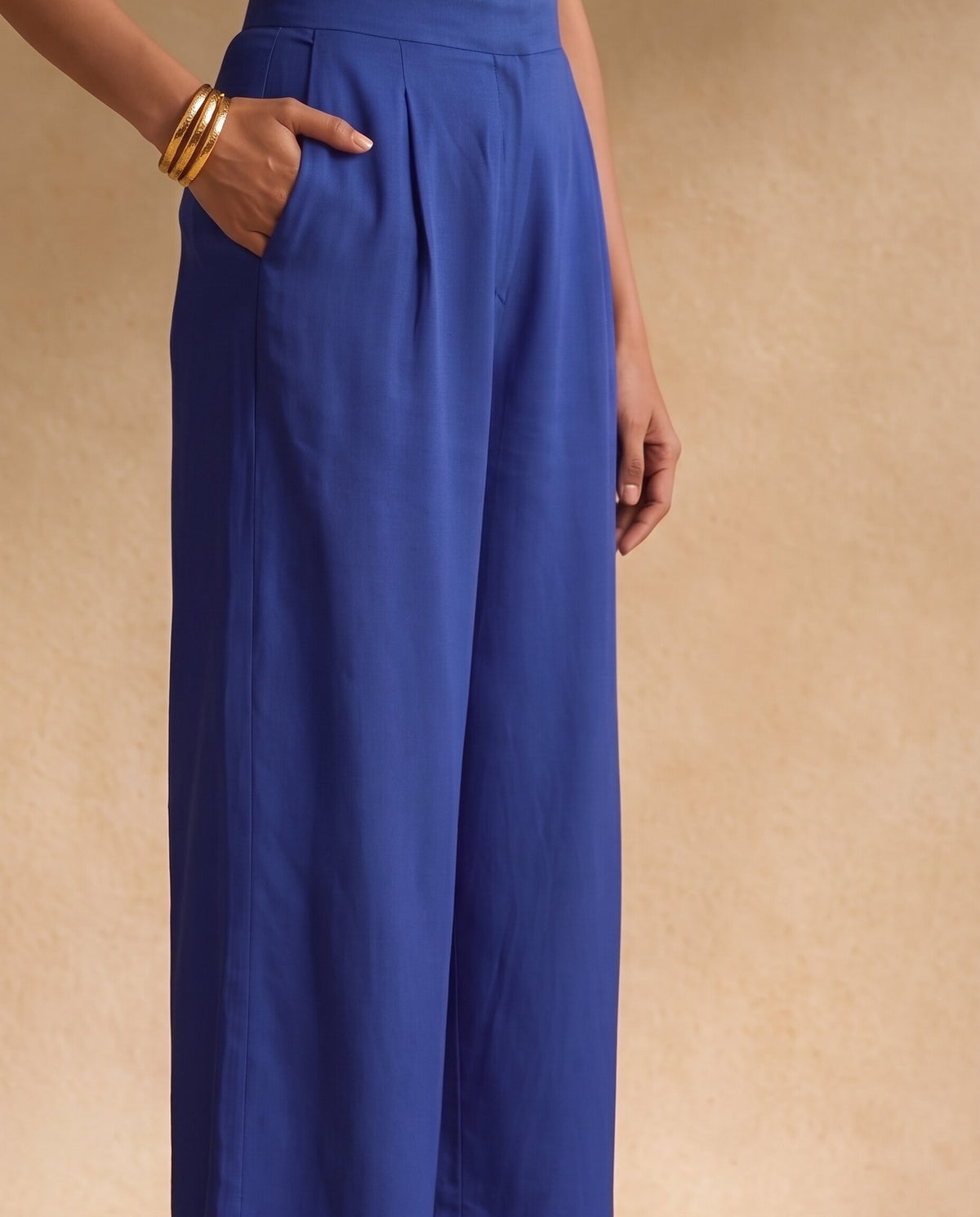 Women Royal Blue Cotton Solid V-Neck Asymmetric Kurta Pant Dupatta Set