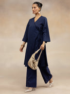 Women Navy Cotton Dobby Angrakha Kurta Set