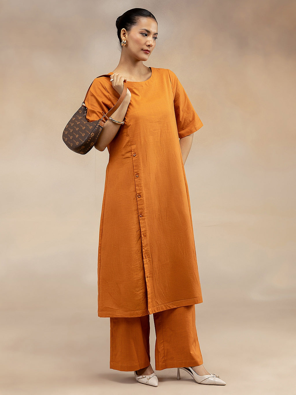 Women Rust Cotton Slub Kurta Set with Off-Centre Button Detail