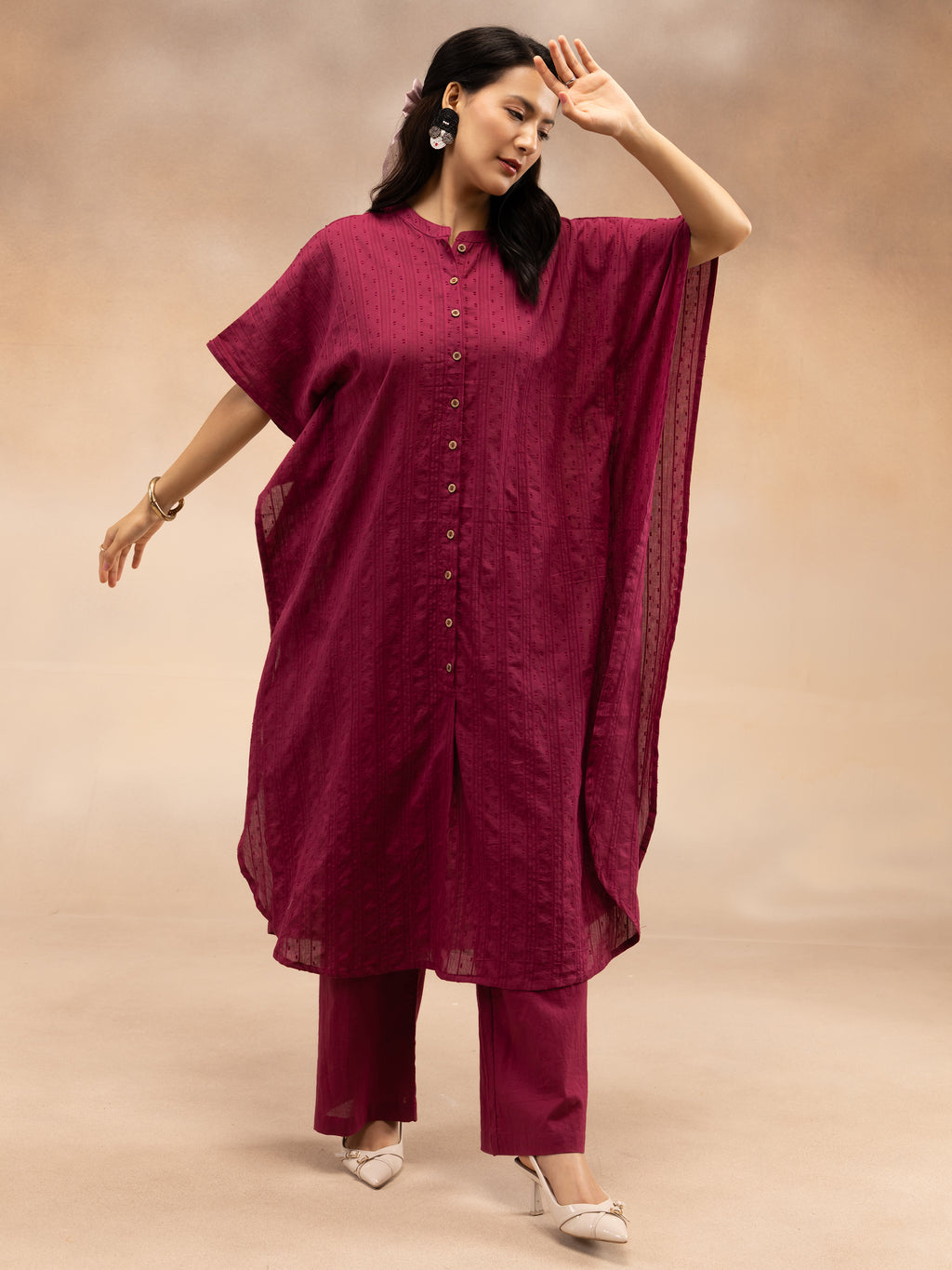 Women Magenta Cotton Dobby Kaftan Kurta Set