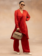 Women Red Modal Asymmetric Hem Kurta Set