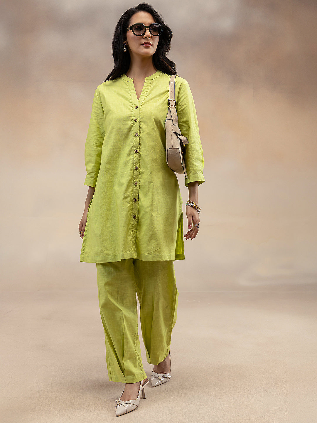 Women Lime Green Solid Cotton Slub Kurta