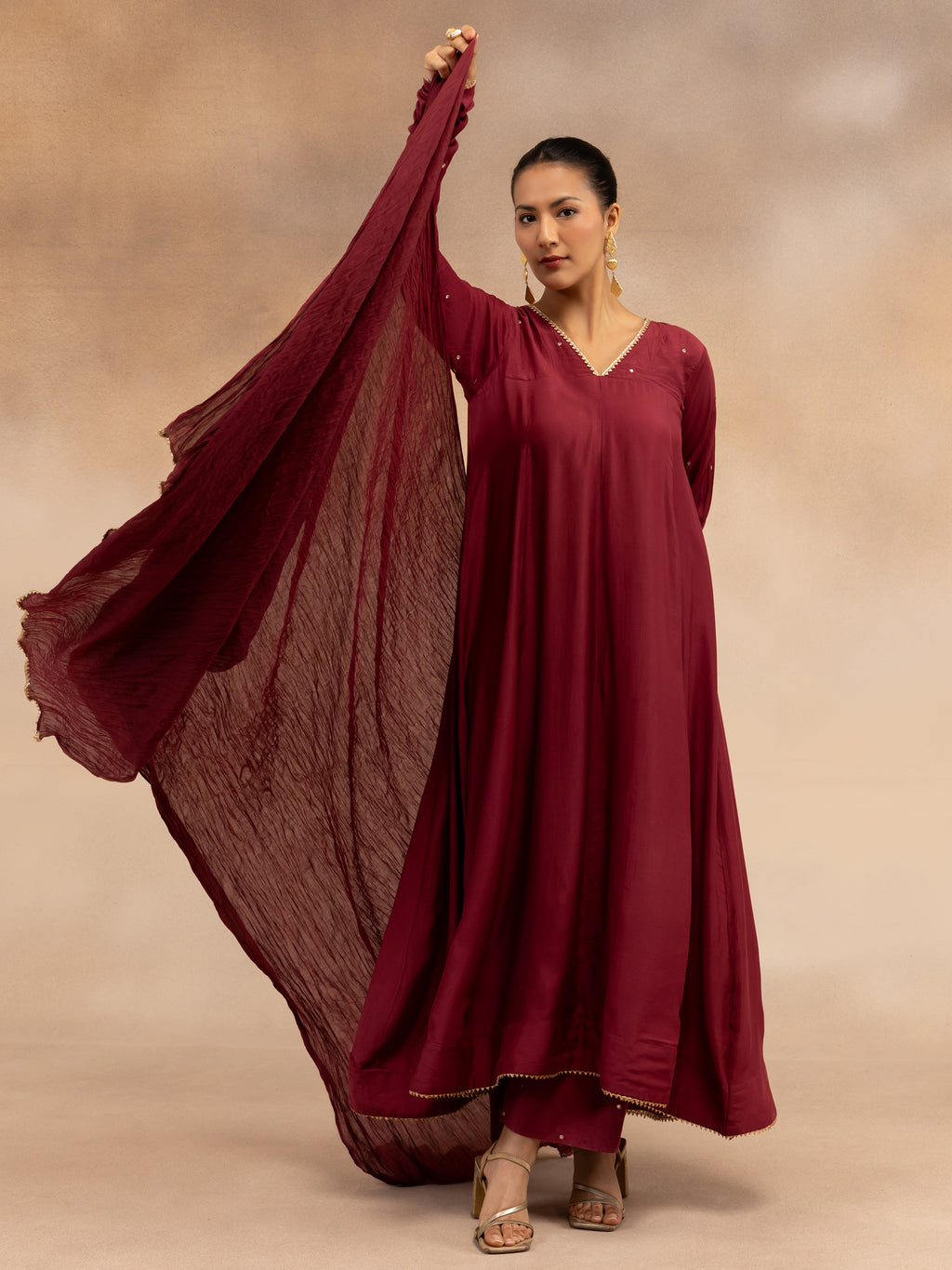 Women Maroon Solid Zari Embroidered Anarkali Dress with Crushed Dupatta
