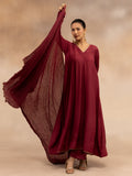 Women Maroon Solid Zari Embroidered Anarkali Dress with Crushed Dupatta