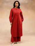 Women Red Cotton Slub Pleated Kurta