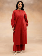 Women Red Cotton Slub Pleated Kurta