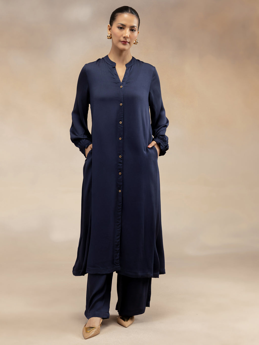 Women Navy Modal Button-Down Kurta Set