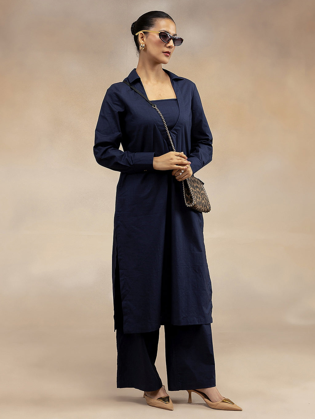 Women Navy Cotton Slub 3-Piece Kurta Set