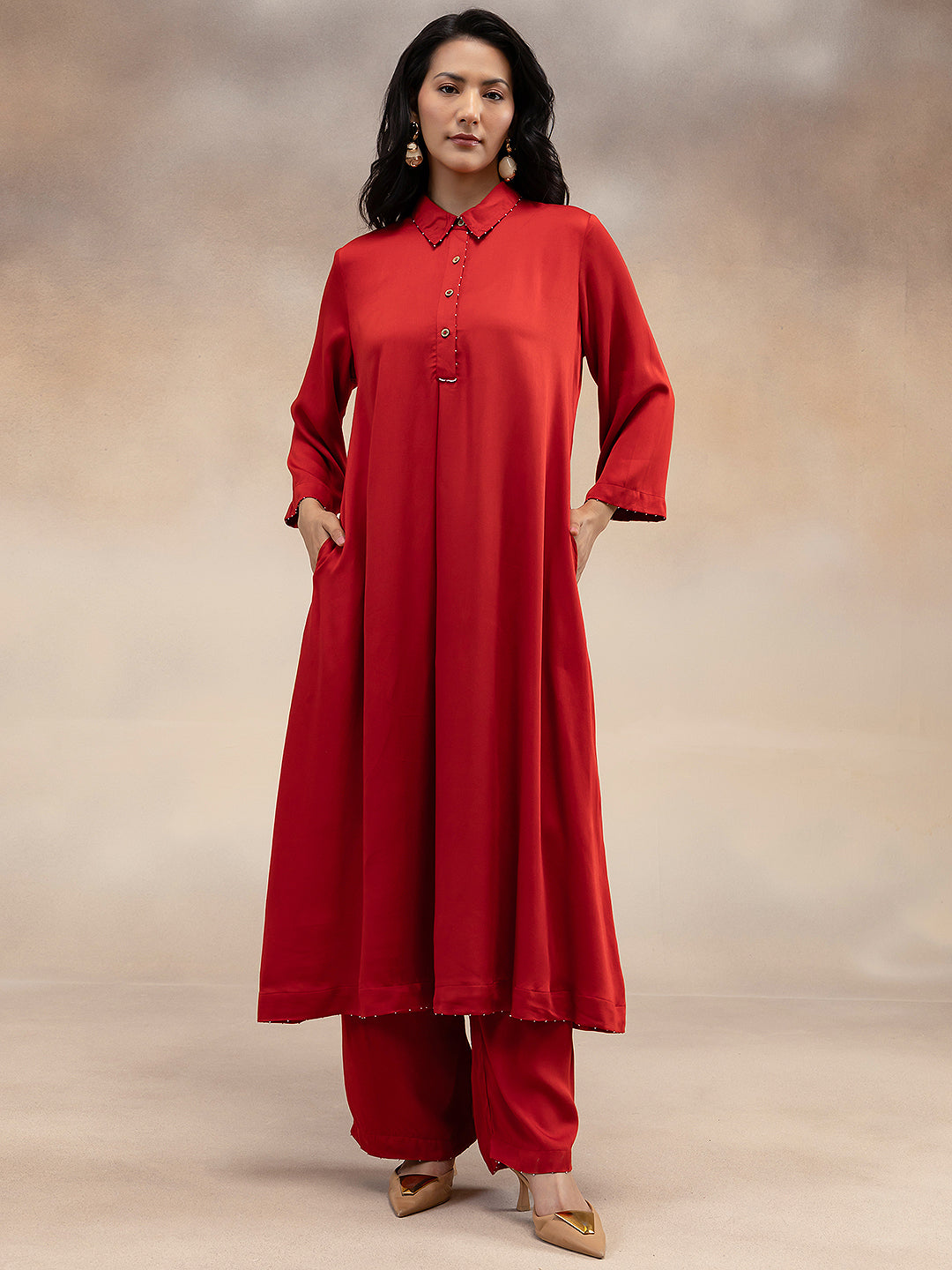 Women Red Modal Kurta with Bead Embellishment