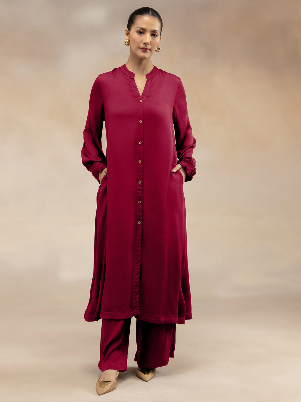Women Magenta Modal Button-Down Kurta Set