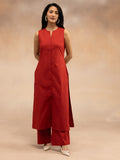 Women Red Cotton Slub Straight Kurta Set