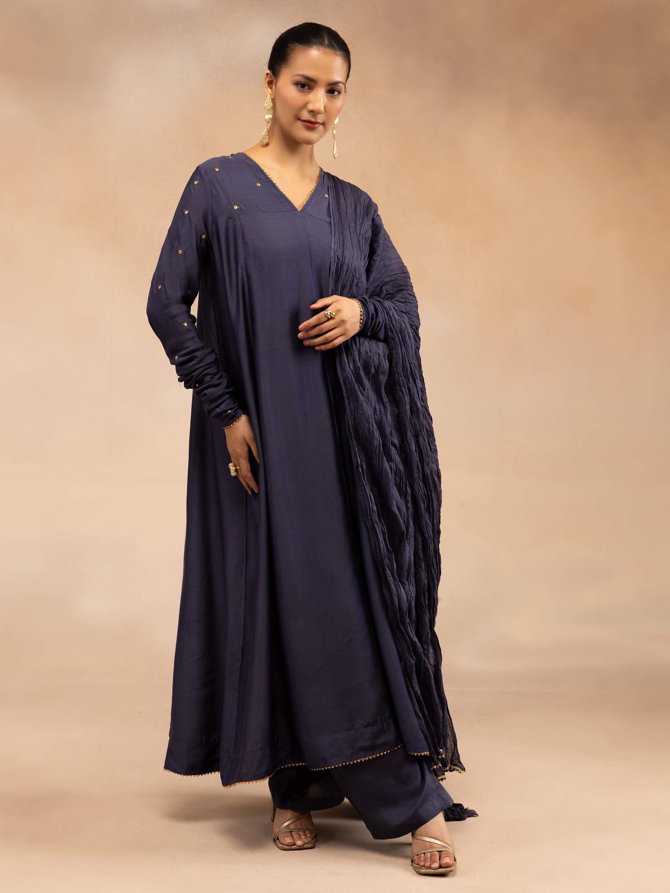 Women Navy Solid Zari Embroidered Anarkali Dress with Crushed Dupatta