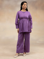 Women  Purple Solid Cotton Slub Gathered Tunic Co-Ord Set