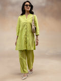 Women Lime Green Solid Cotton Slub Kurta Co-Ord Set