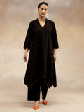 Women Black Contrast-Trim Cotton Slub Kurta Set