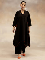 Women Black Contrast-Trim Cotton Slub Kurta Set