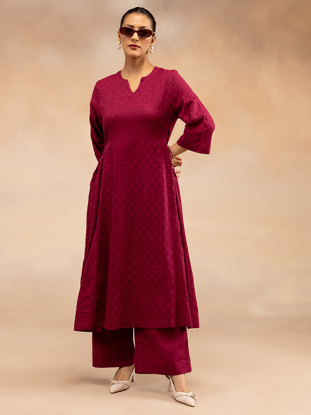 Women Magenta Cotton Dobby Kurta with Waist Tie-Up