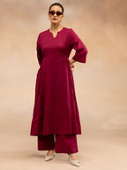 Women Magenta Cotton Dobby Kurta with Waist Tie-Up