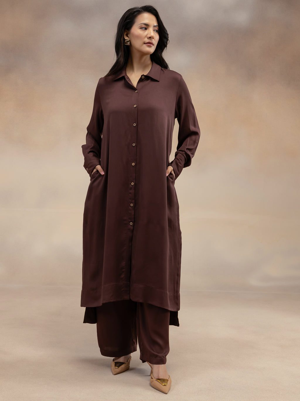 Women Brown Modal Shirt-Style Kurta Set