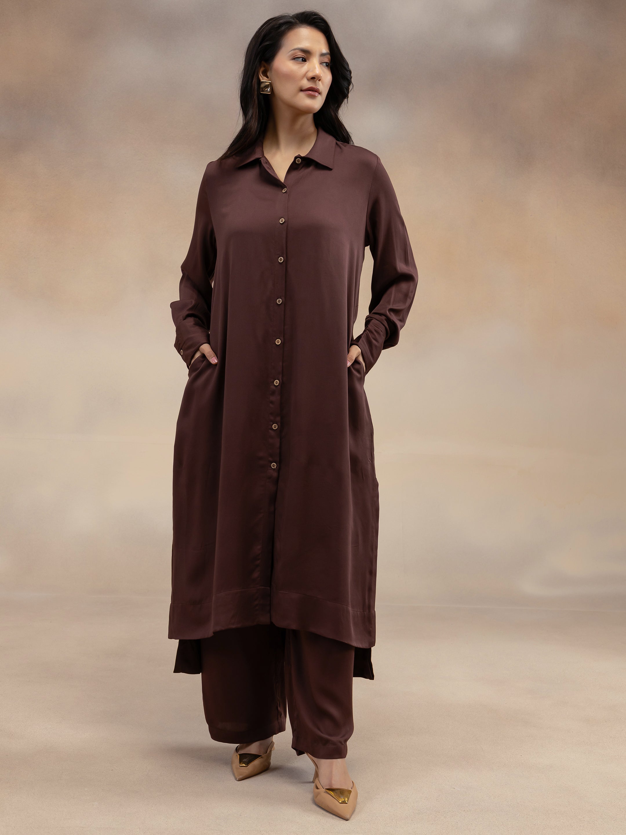Women Brown Modal Shirt-Style Kurta Set