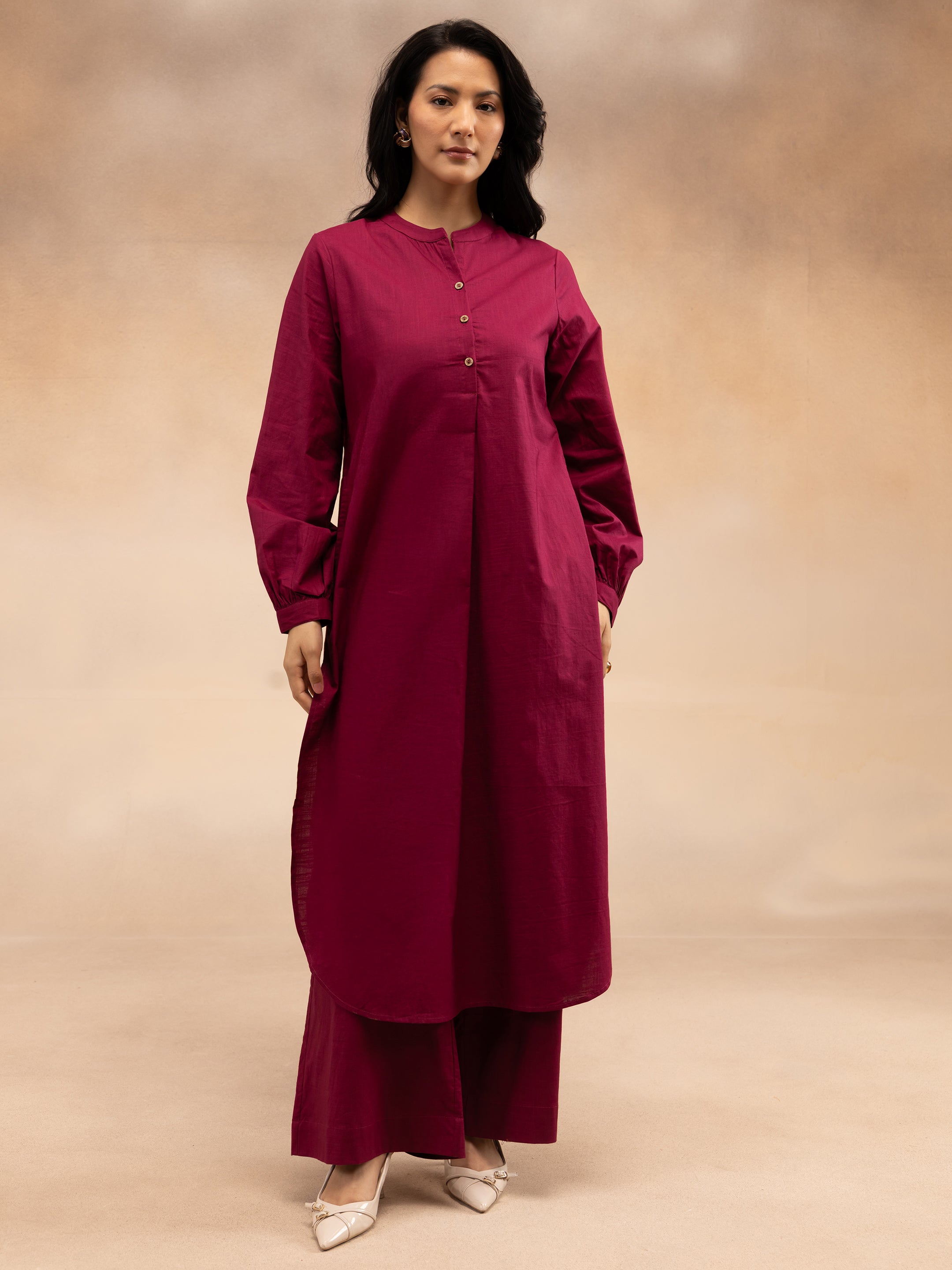 Women Magenta Cotton Slub Pleated Kurta Set with Wide-Leg Palazzo Pants