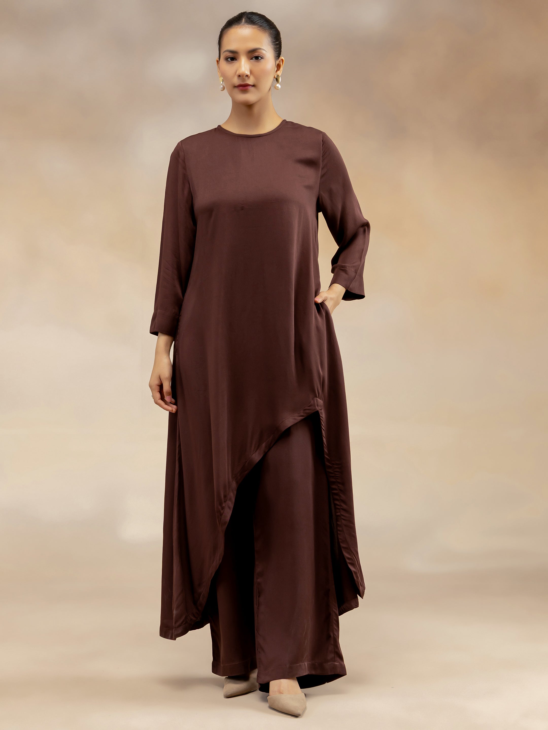 Women Brown Modal Asymmetric-Cut Kurta Set