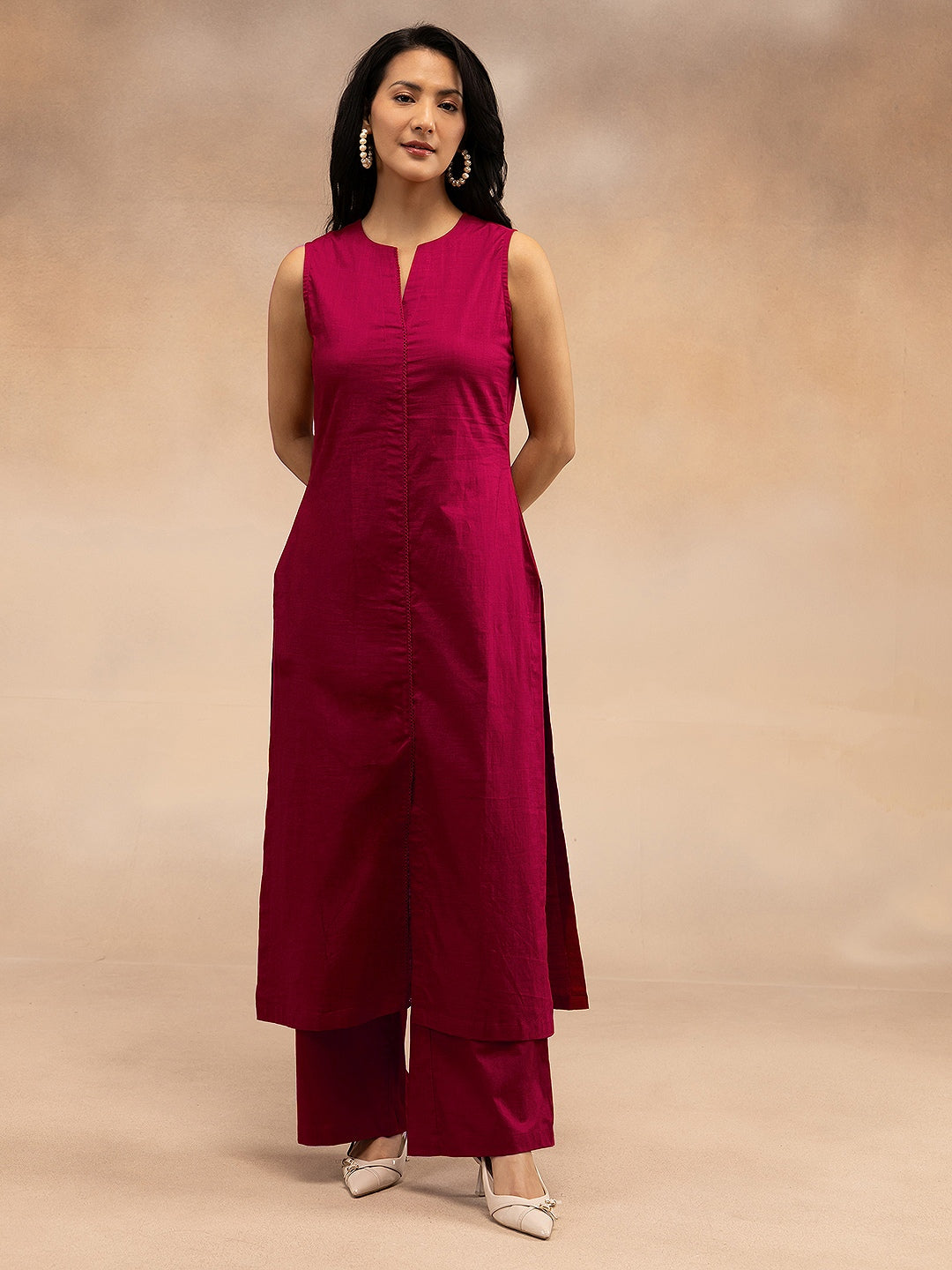 Women Magenta Pink Cotton Slub Straight Kurta Set