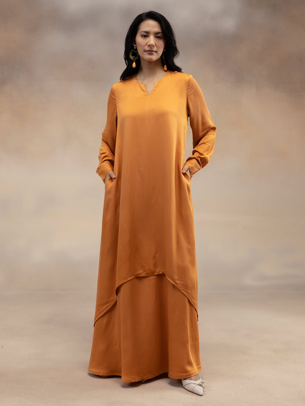 Women Rust Solid Modal Layered Maxi Dress