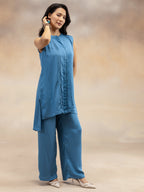 Blue Solid Sleeveless Kurta & Wide-Leg Palazzos Co-ord Set