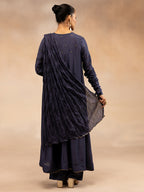 Women Navy Solid Zari Embroidered Anarkali Dress with Crushed Dupatta