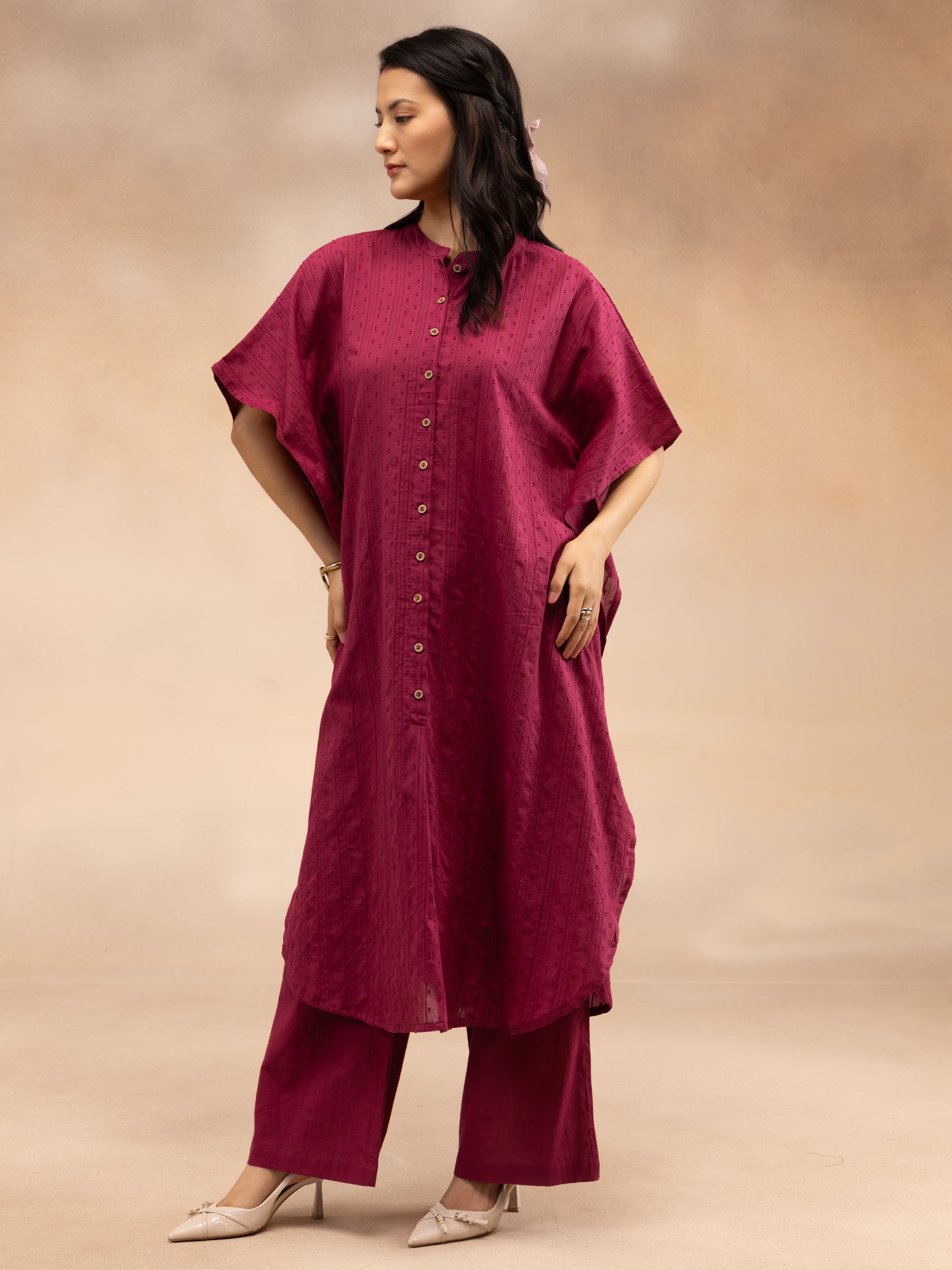 Women Magenta Cotton Dobby Kaftan Kurta Set