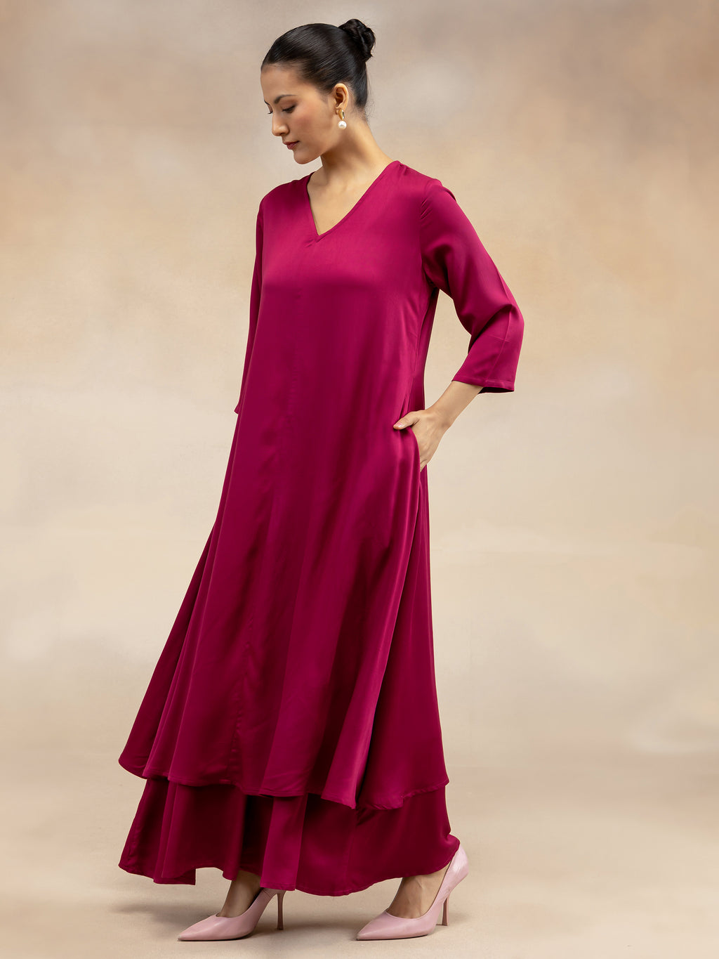 Women Magenta Pink Solid  Modal Layered Maxi Dress