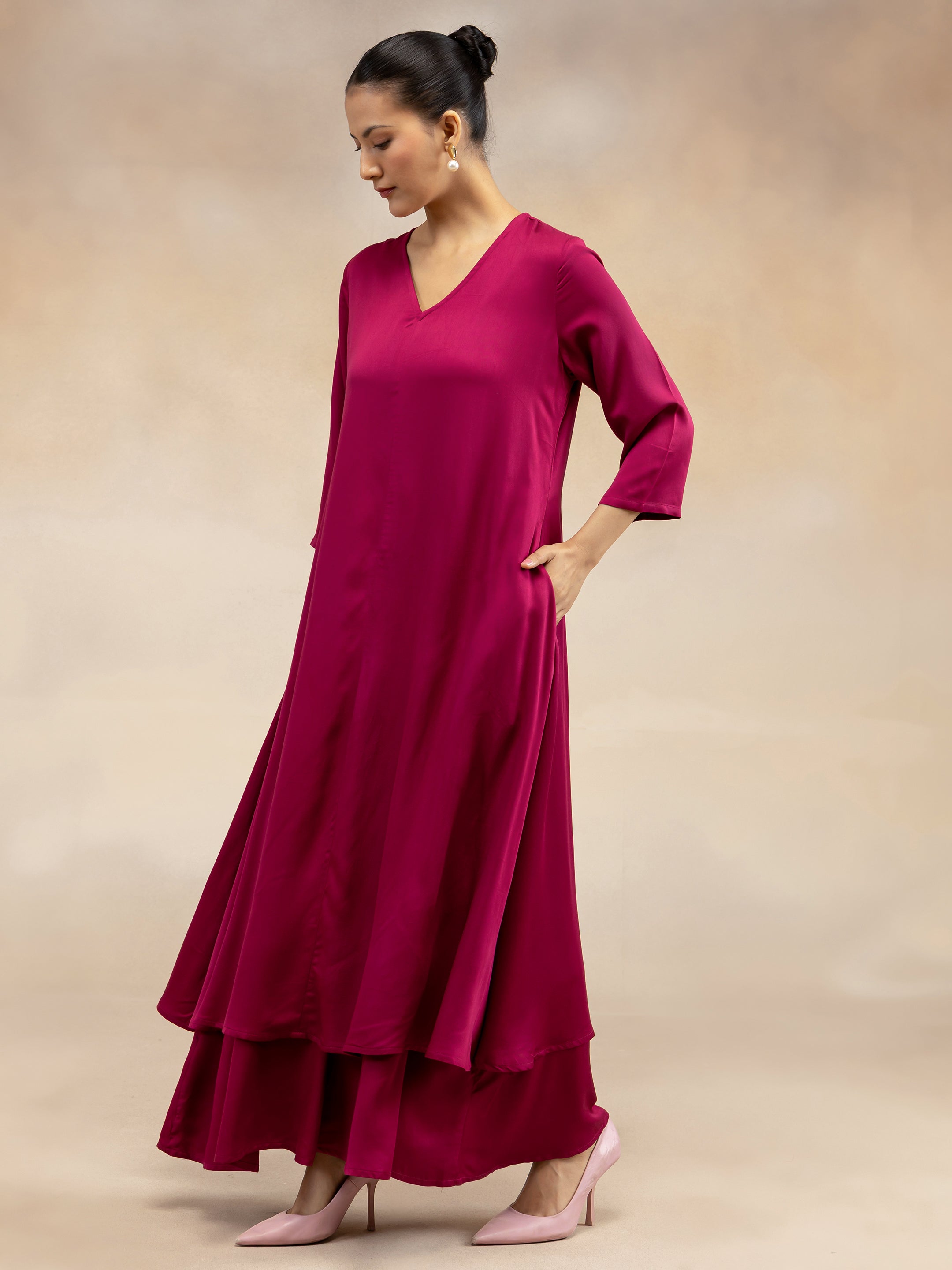 Women Magenta Pink Solid  Modal Layered Maxi Dress