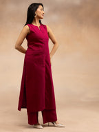 Women Magenta Pink Cotton Slub Straight Kurta