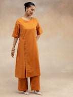 Women Rust Cotton Slub Kurta with Off-Centre Button Detail