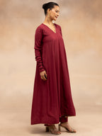 Women Maroon Solid Zari Embroidered Anarkali Dress with Crushed Dupatta