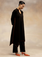 Women Black Contrast-Trim Cotton Slub Kurta Set