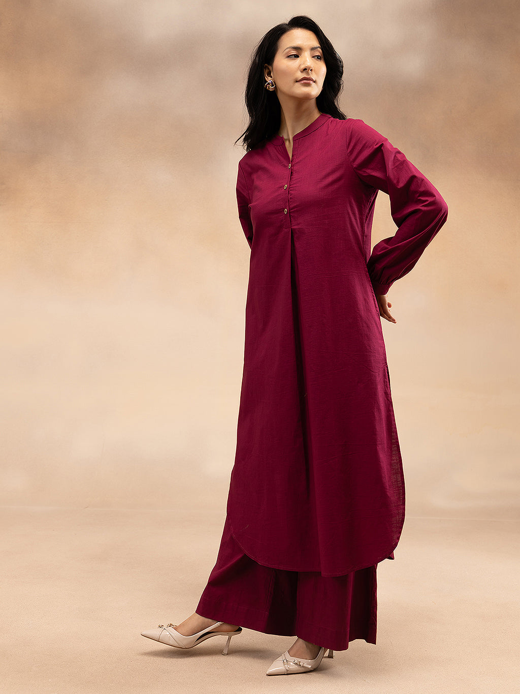 Women Magenta Cotton Slub Pleated Kurta