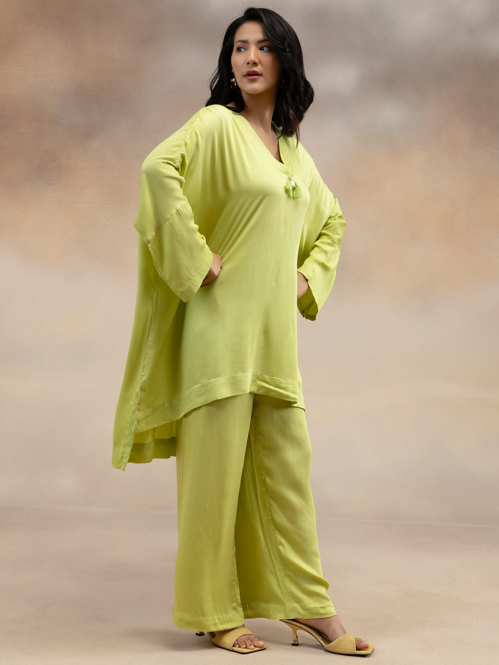 Women Lime Green Kaftan-Style Kurta & Palazzos Co-ord Set