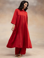 Women Red Modal Kurta Set with Bead Embellishment
